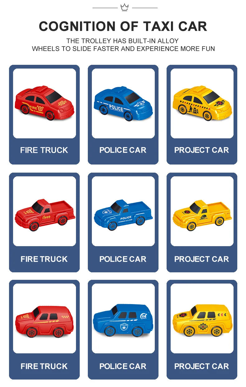 Kids Racing Track with Mini Cars Sliding Parking Lot Toys Multi-Storey Car Parking Fire Police Engineering Vehicle Boy Xmas Gift