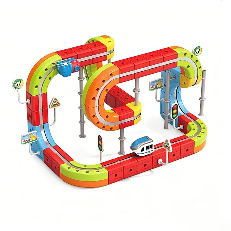 DIY Electric Magnetic Track Set with Anti-Gravity Vehicles 100+Pcs STEM Construction Railway Building Blocks Toy Gift for Kids
