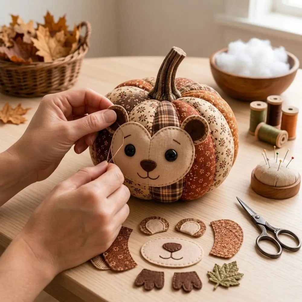 Vintage Style Whimsical Patchwork Pumpkin Fabric Kit Owl Bear Floral Fabric Halloween DIY Sewing Kit Stress Craft Cow Cat