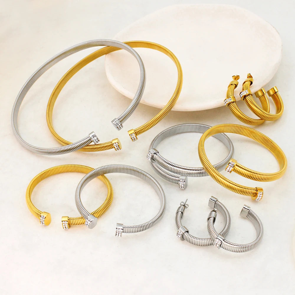 High Quality Cross Cuff Stainless Steel Jewelry Set Personalized Spiral Texture 18K Gold Plated Arm Neck Bijoux Waterproof