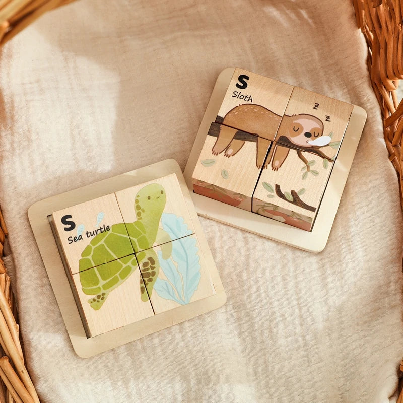 Baby Wooden Blocks Toy Children Six Side Cube Jigsaw Puzzles Game Animal Traffic Cognize Early Learning Educational Toy Kid Gift