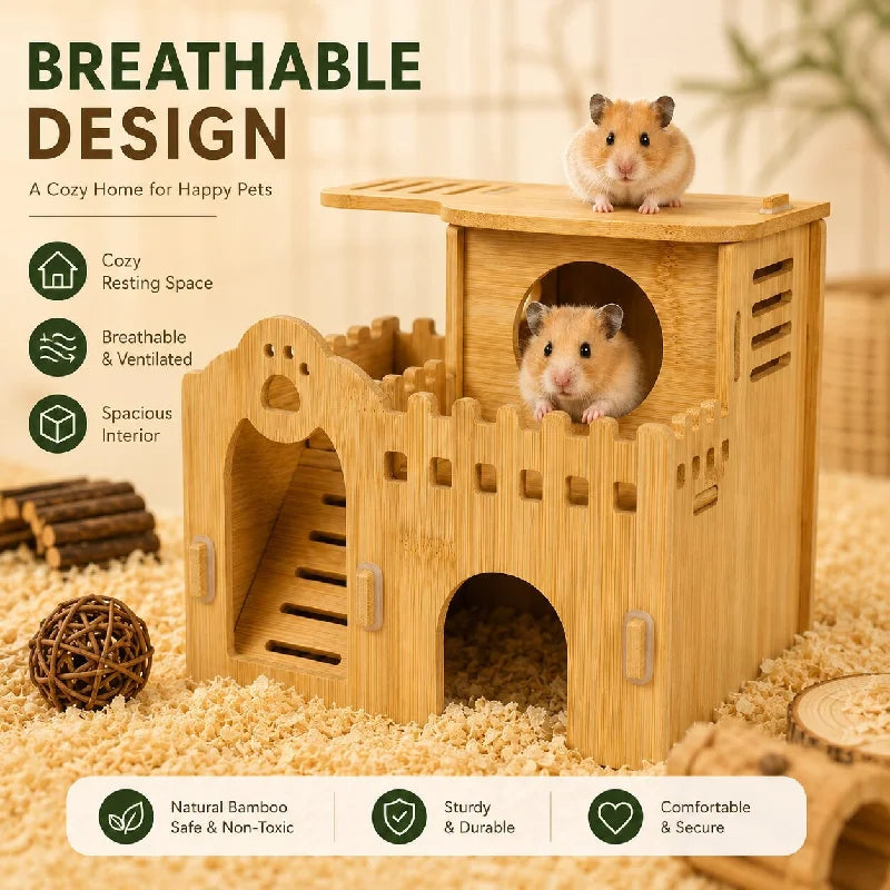 Bamboo Hamster Hideout House - All Season Winter Sleeping Nest for Golden Bear Small Pet Decor Landscape Cage Accessories