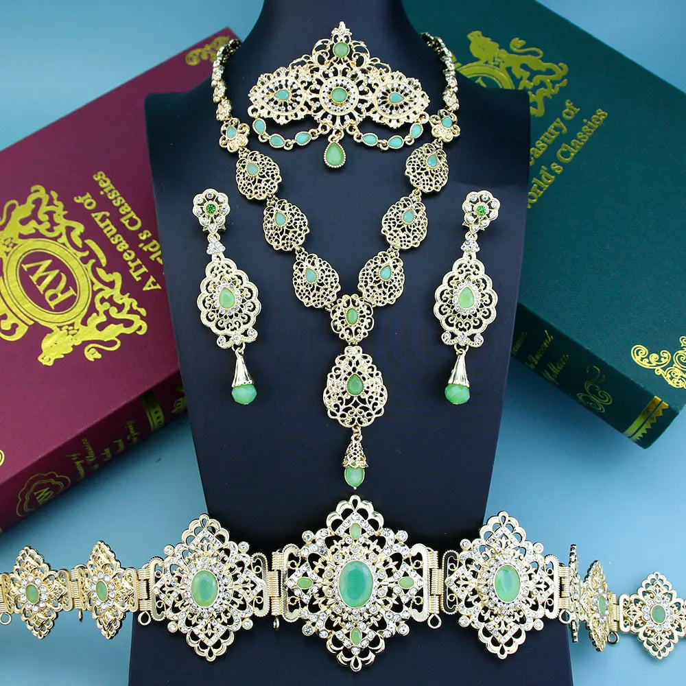 Sunspicems Chic Arabic Bride Jewelry Sets For Women Gold Color Crystal Morocco Belt Necklace Caftan Brooch Earring Muslim Sets