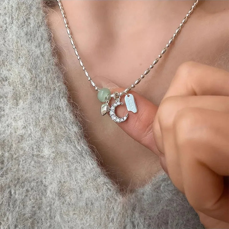 VENTFILLE 925 Sterling Silver Zircon Love Heart Necklaces for Women Girl Moon Luck Hotan Jade Jewelry Dropshipping