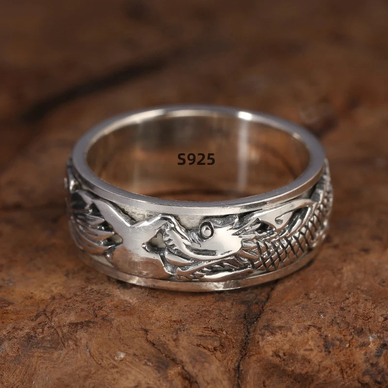 12mm Width Real S925 Sterling Silver Lucky Dragon Double Layer Rotatable Closed Dragon Ring For Man Woman Fiine Jewelry Gift