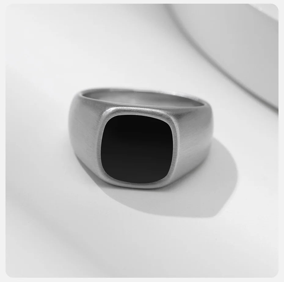 Vnox 12.5mm Signet Ring for Men, Black Square Top Stainless Steel Finger Band, Gothic Punk Rock Boy Stamp Rings