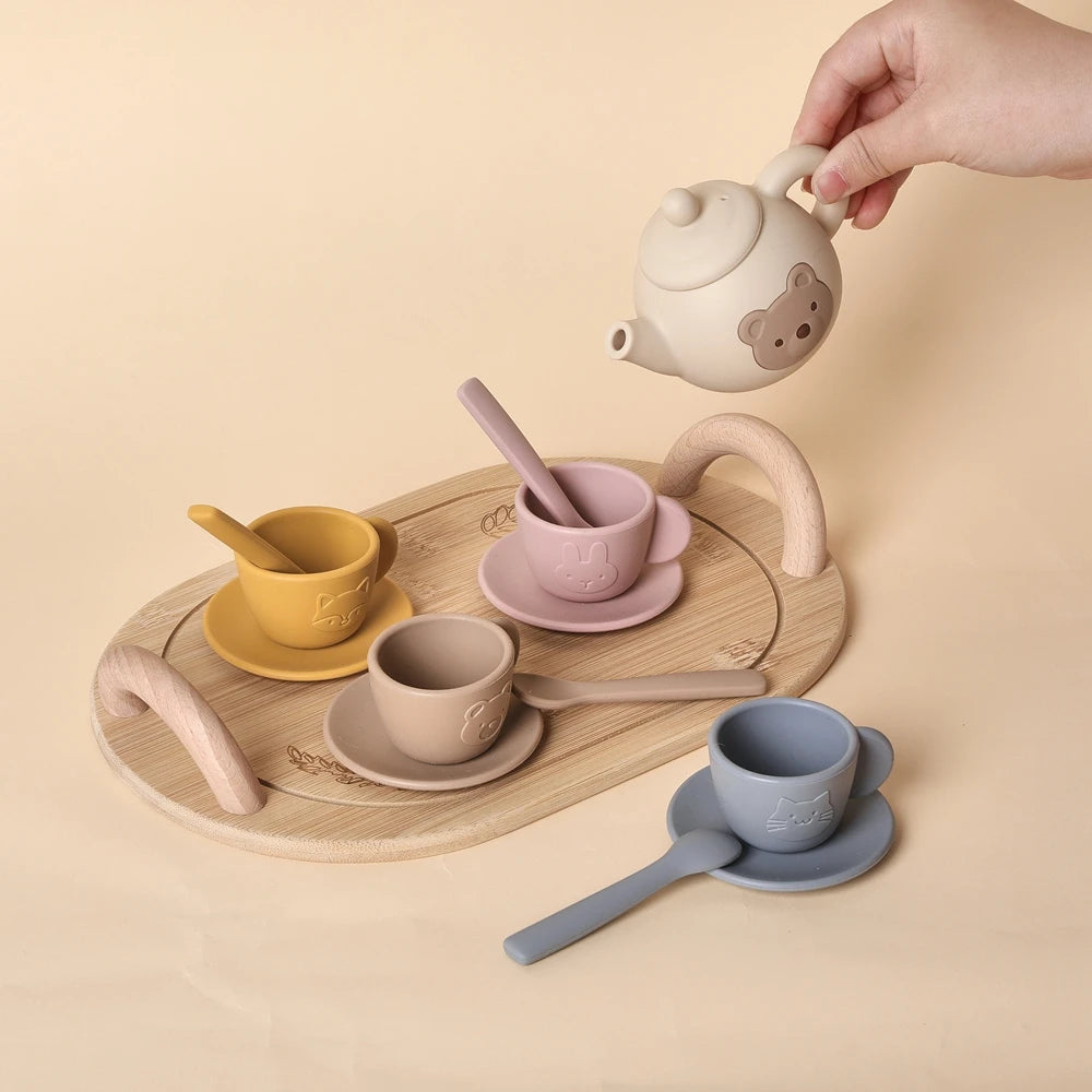 Kids Play House Toys Wooden Tea Set Pretend Make Tea Play With Teapot Teacup Afternoon Snack Role Playing Toys Boys Girls Gift