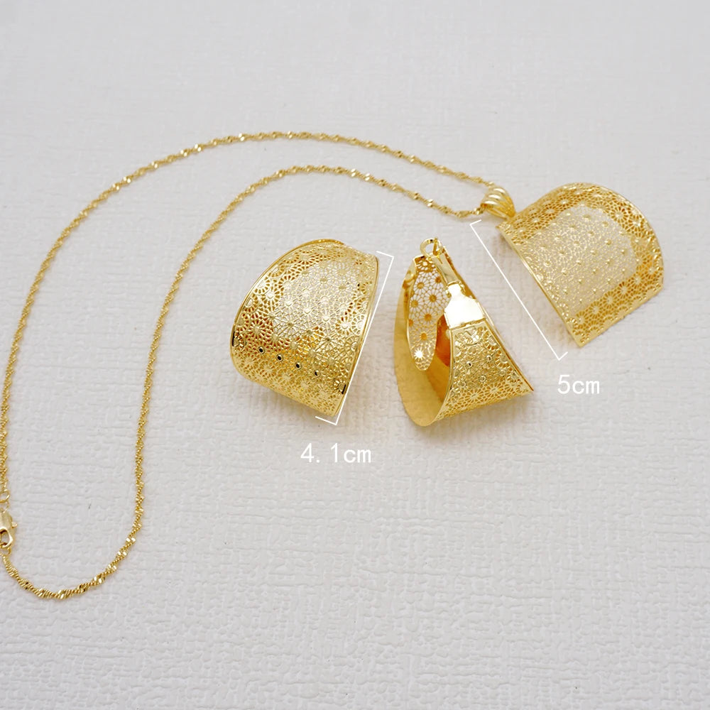 Fashion Dubai Jewelry Sets Gold Color Pendant Copper Classic Earrings Necklace For Women Daily Wear Party Anniversary Gifts
