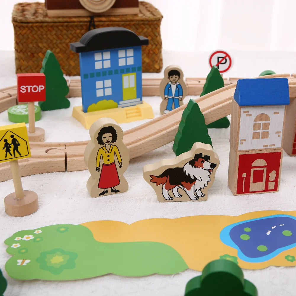 Boys Wooden Track Train Set Wooden Railway Car Educational Toys Compatible for Wooden Track Toys for Kids Gift