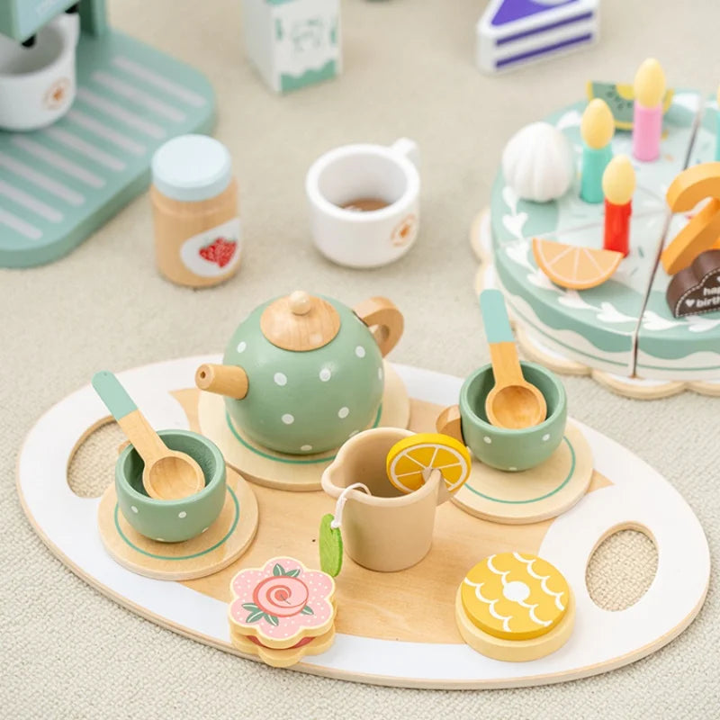 Girls Toys Wooden Afternoon Tea Set Children's Toy Kitchen  Pretend Play Set Toaster Coffee Maker Ice Cream Kids Educational Toy