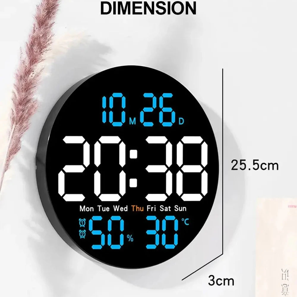 LED Wall Clock with Dual Alarms, Calendar and Temperature Display for Home Decoration. Brightness Adjustable
