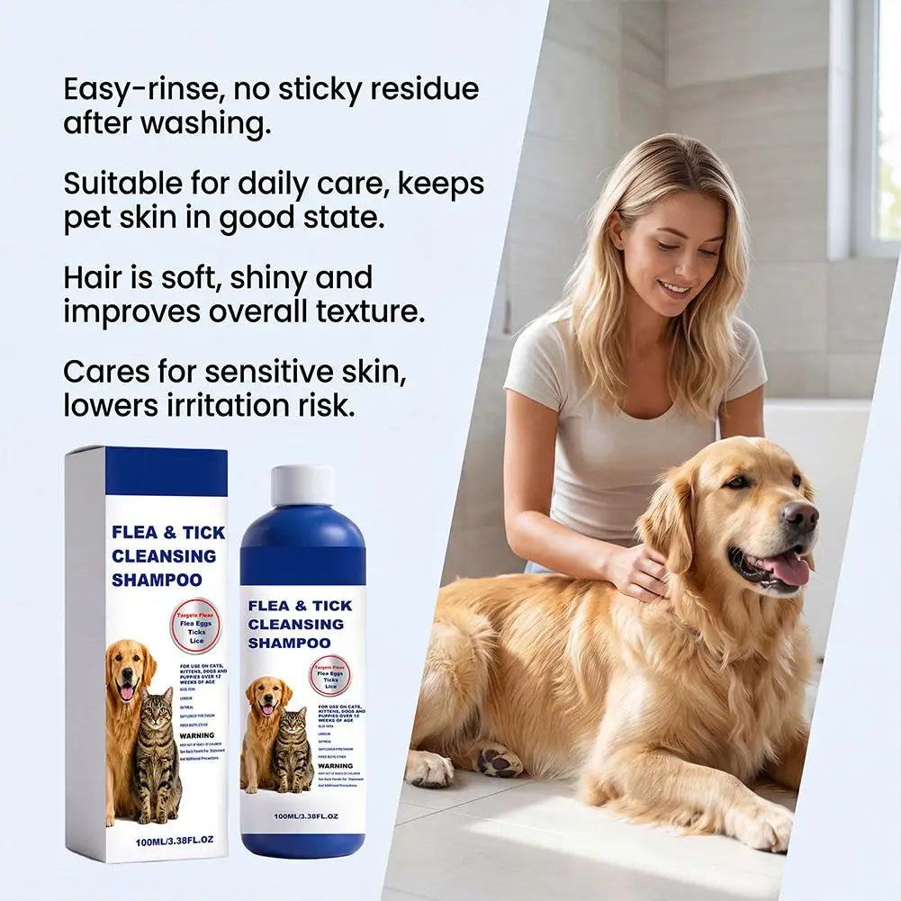 100ml Pet Flea & Tick Cleansing Shampoo Gentle Soothing Deodorizing Bath Wash For Dogs Cats Deep Cleaning Remove Lice Mite
