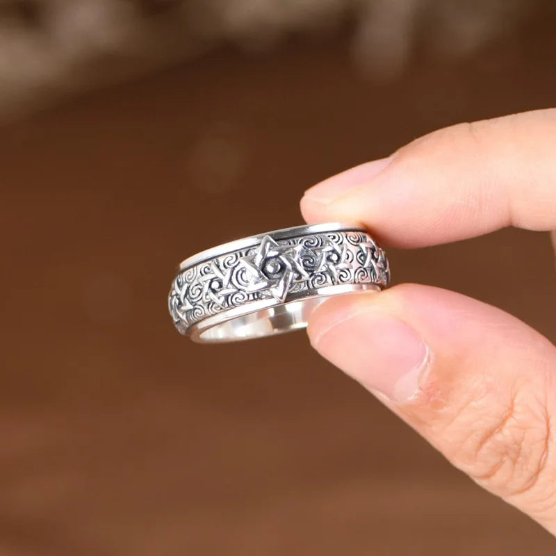 Rotatable S925 Sterling Silver Ring for Men  Vintage Retro Stars Auspicious Cloud Couple Band Women Index Finger Accessories