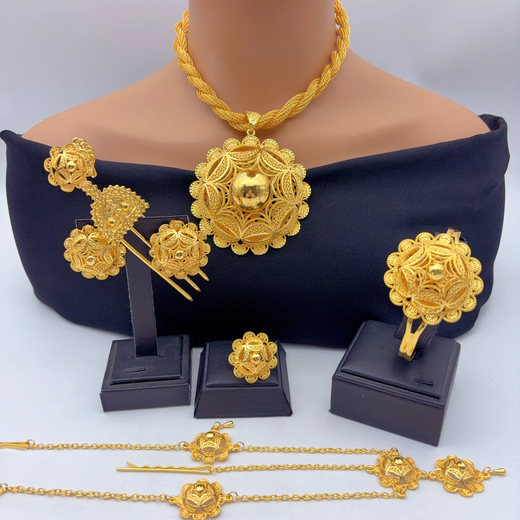 Ethiopian Dubai 24k Plated Gold 6PCS Jewelry Set For Woman African Indian Big Pendant Necklace Wedding Engagement Gifts