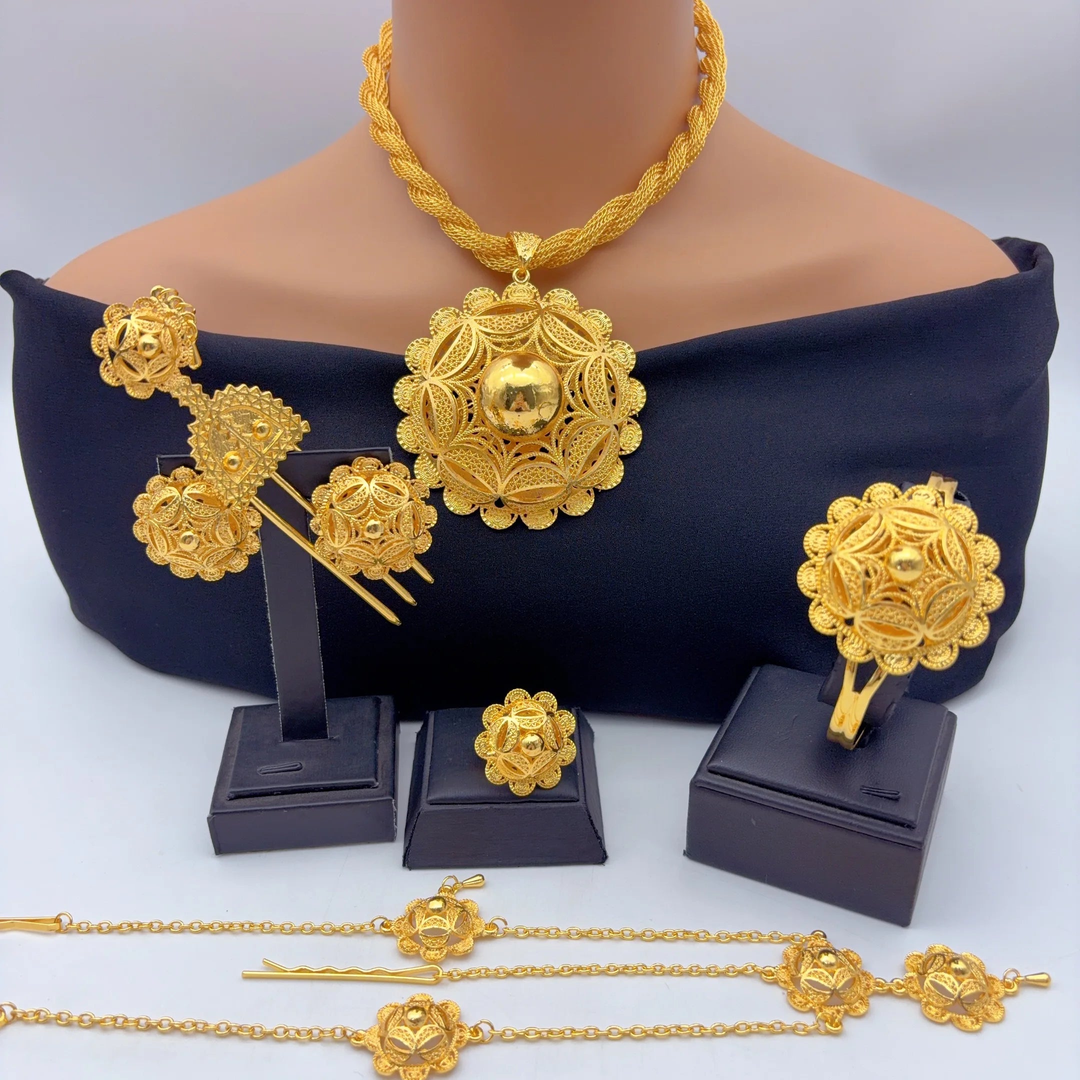 Ethiopian Dubai 24k Plated Gold 6PCS Jewelry Set For Woman African Indian Big Pendant Necklace Wedding Engagement Gifts