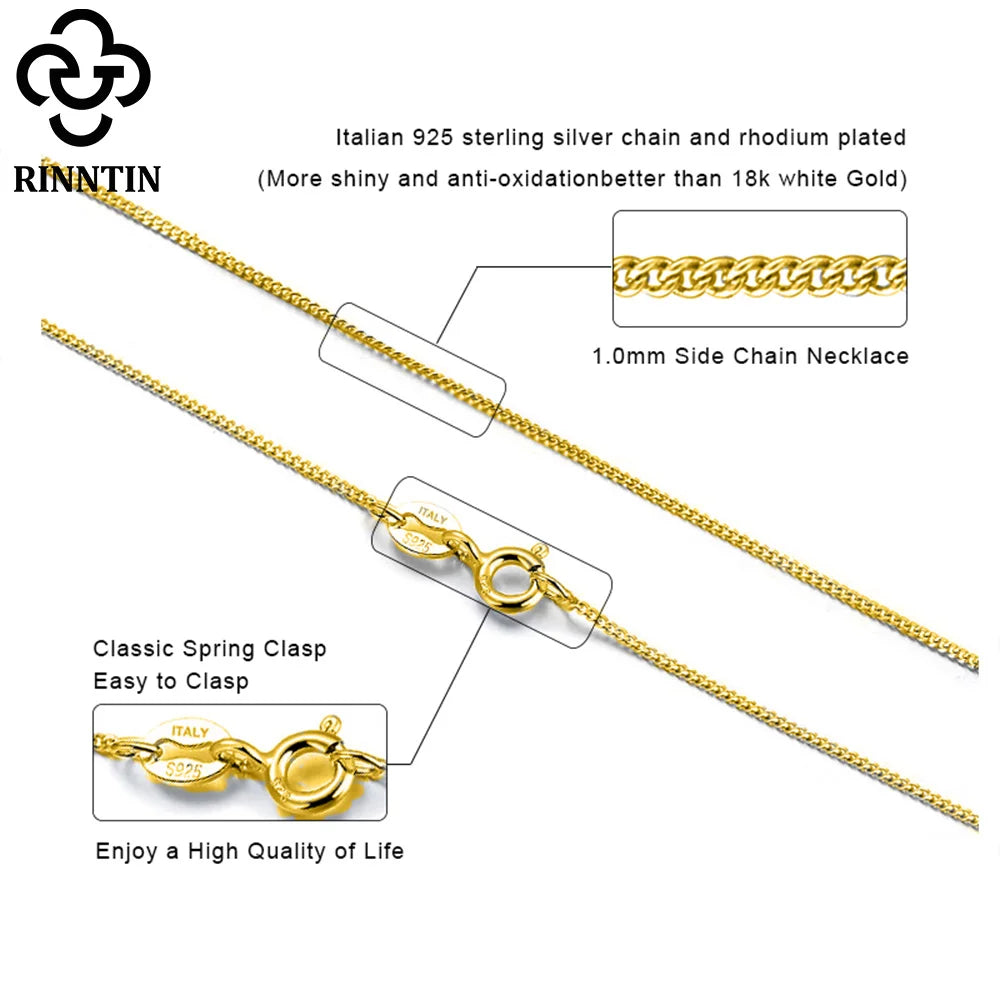 Rinntin Solid 925 Sterling Silver 1.0mm Side Chain Necklace for Women Girls Elegant Necklace Fine Jewelry 40/45/50/55/60cm SC18