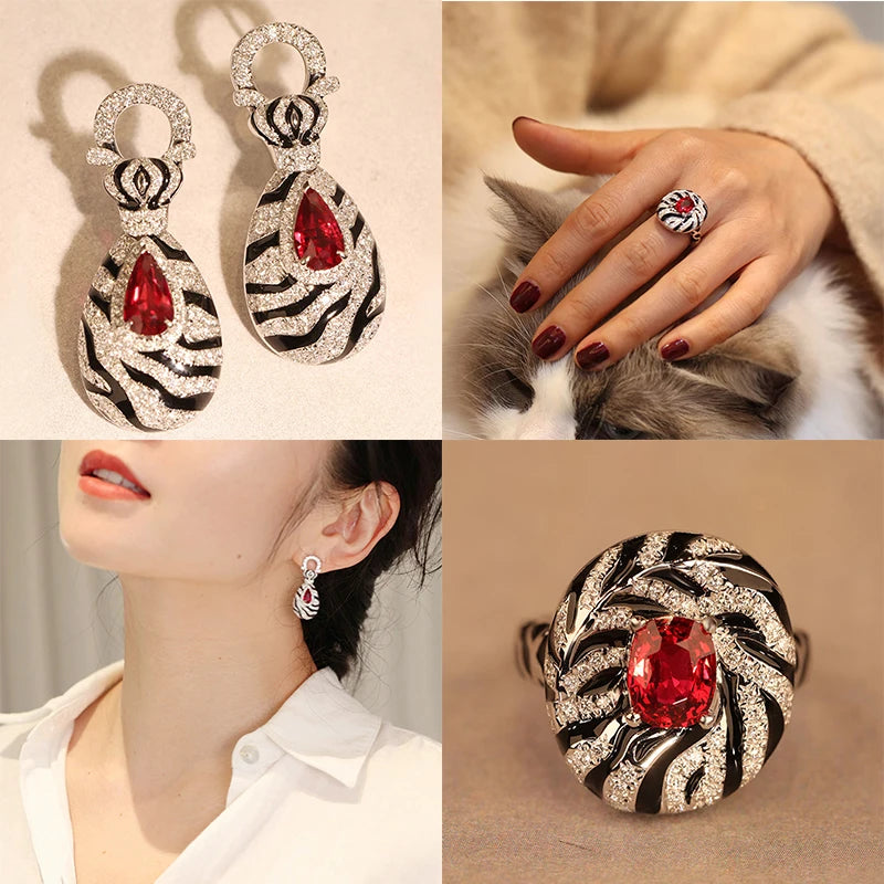 Foydjew 2023 New Trend Modern Retro Zebra Pattern Ruby Jewelry Sets European American Fashion Leopard Rings Drop Earrings