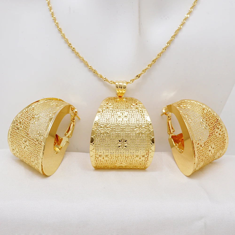 Fashion Dubai Jewelry Sets Gold Color Pendant Copper Classic Earrings Necklace For Women Daily Wear Party Anniversary Gifts