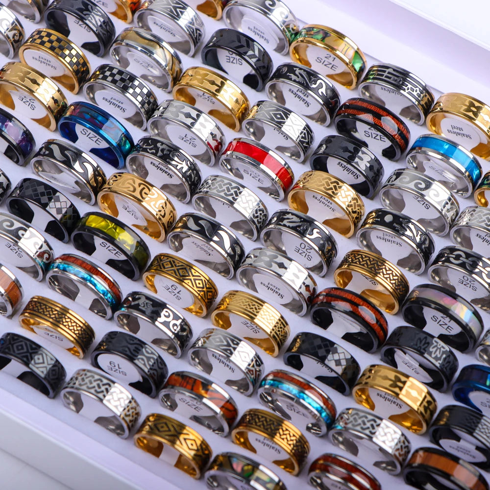 10/20/30/50Pcs/Lot Stainless Steel Fashion Ring Wood Grain Ring Men's Wedding Ring Women's Party Mixed Style Random Style