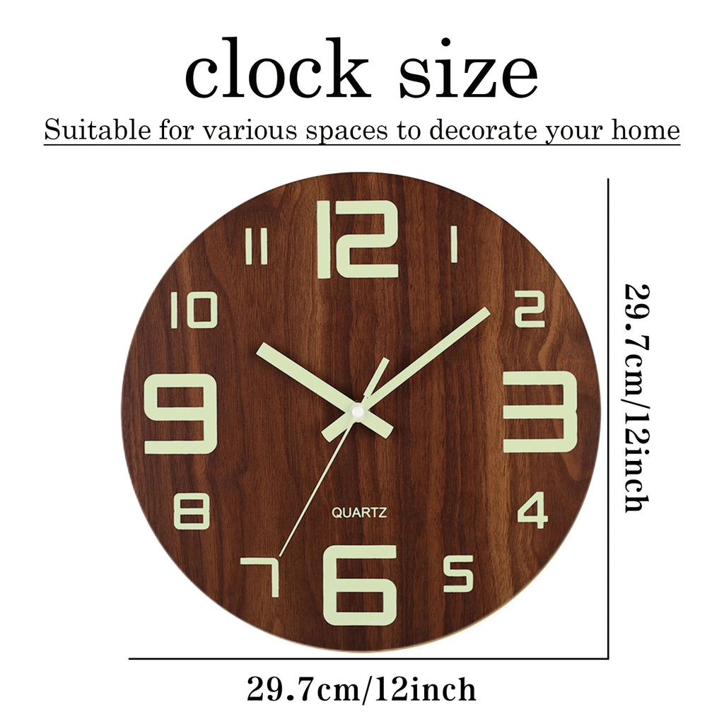 12 Inch Luminous Wall Clock Wood Silent Light in Dark Night Nordic Fashion Wall Clock Non Ticking Clock With Night Light
