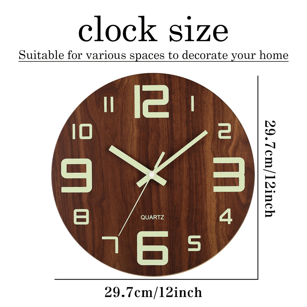 12 Inch Luminous Wall Clock Wood Silent Light in Dark Night Nordic Fashion Wall Clock Non Ticking Clock With Night Light