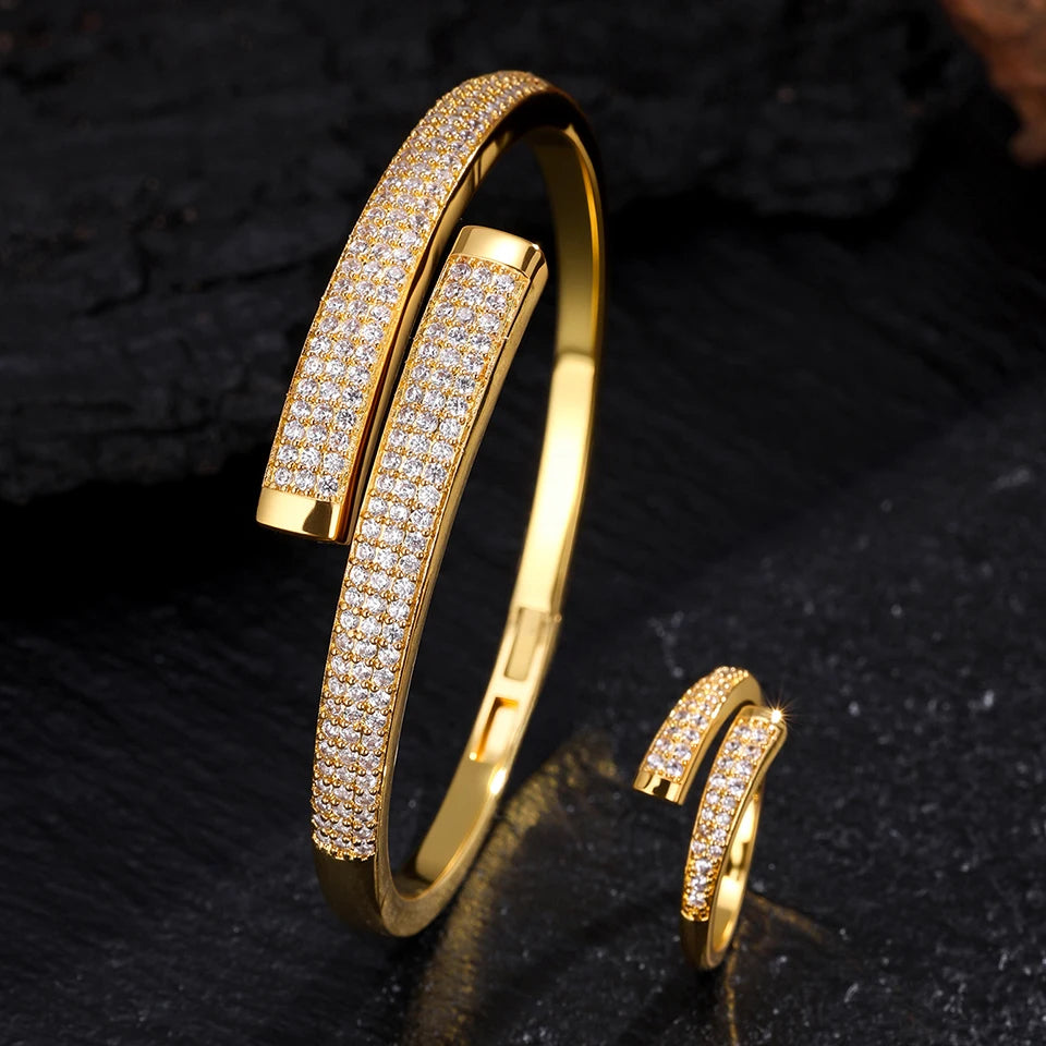 ZAKOL 9 Styles Golden Open Bracelet Ring Jewelry Set Geometric Shiny Zircon 18K Gold Plated Middle East Wedding Party Jewelry