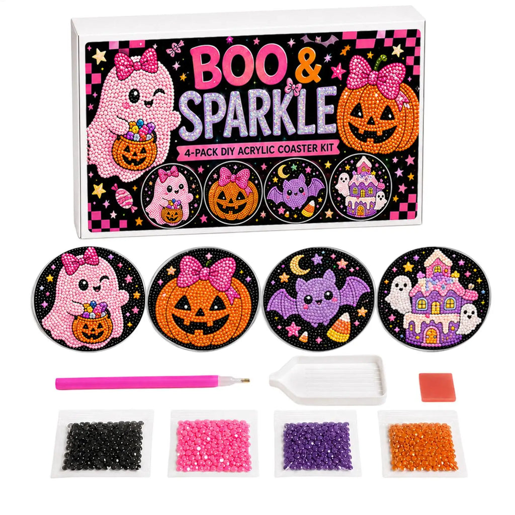 Halloween Pearl Painting Bead Kit DIY Spooky Ghost Witch Acrylic Non-Slip Coaster Making Pearl Art Craft Set for Adults Beginner