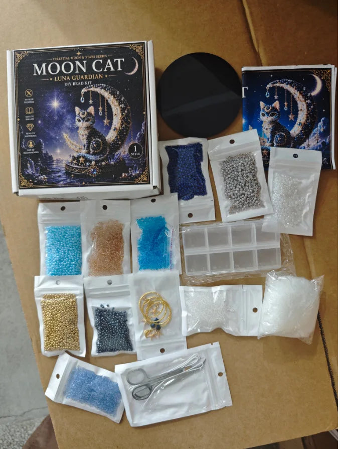 Moon Cat Luna Guardian DIY Bead Kit,Tiny 3D Beaded Luna Guardian Craft Kit, Handmade Magical Cat Kit for Beginner, Home Decor