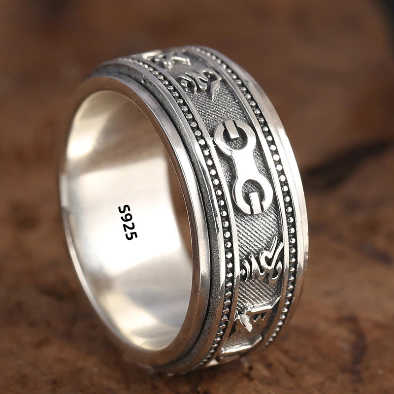S925 Sterling Silver Ring Men Women Retro Buddhist Six-Character Great Mantra Ring Male Female Amulet Jewelry Exquisite Gift