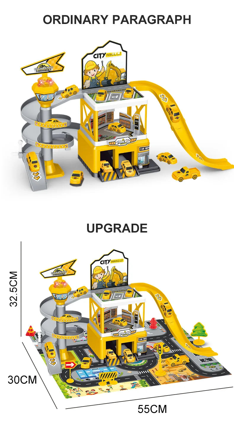 Kids Racing Track with Mini Cars Sliding Parking Lot Toys Multi-Storey Car Parking Fire Police Engineering Vehicle Boy Xmas Gift