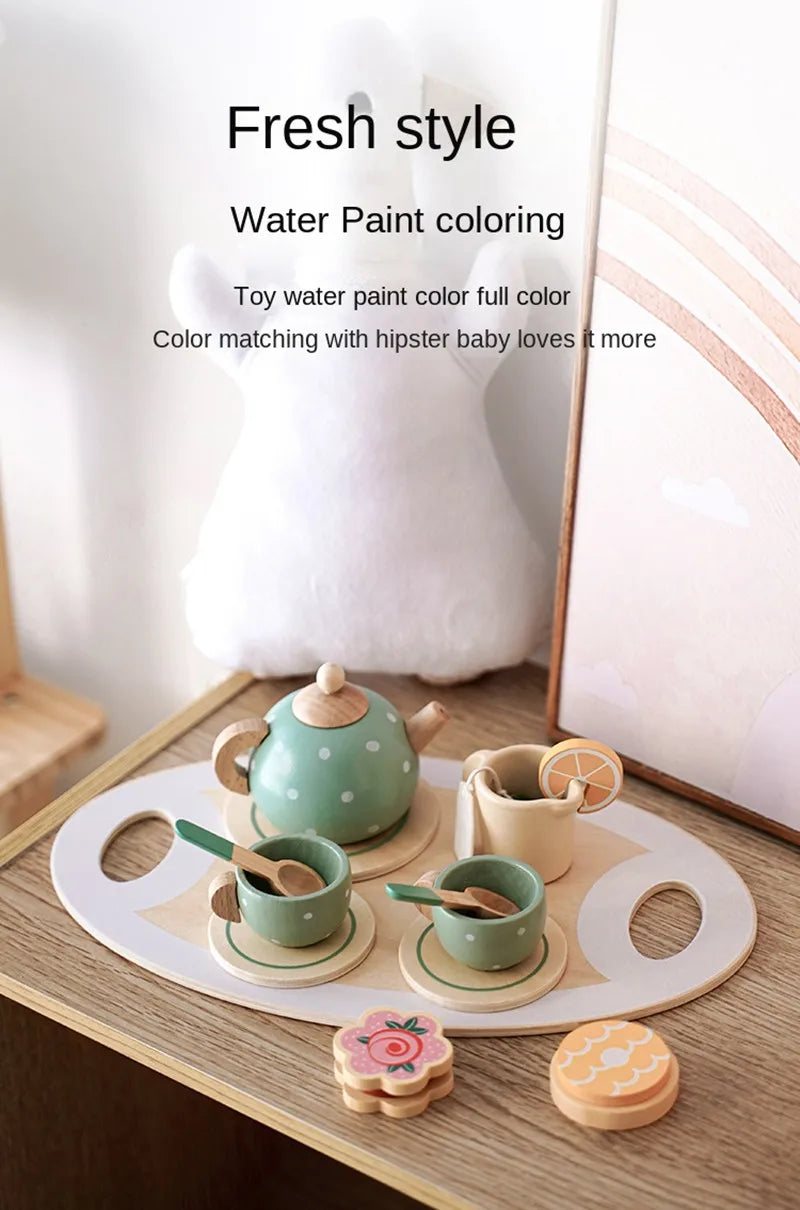Girls Toys Wooden Afternoon Tea Set Children's Toy Kitchen  Pretend Play Set Toaster Coffee Maker Ice Cream Kids Educational Toy