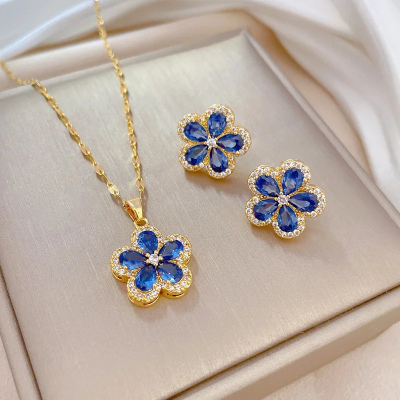 Stainless Steel Austrian Crystal Enamel Square Pendant Jewelry Sets Women African Costume Jewelry Maxi Necklace Earring Set