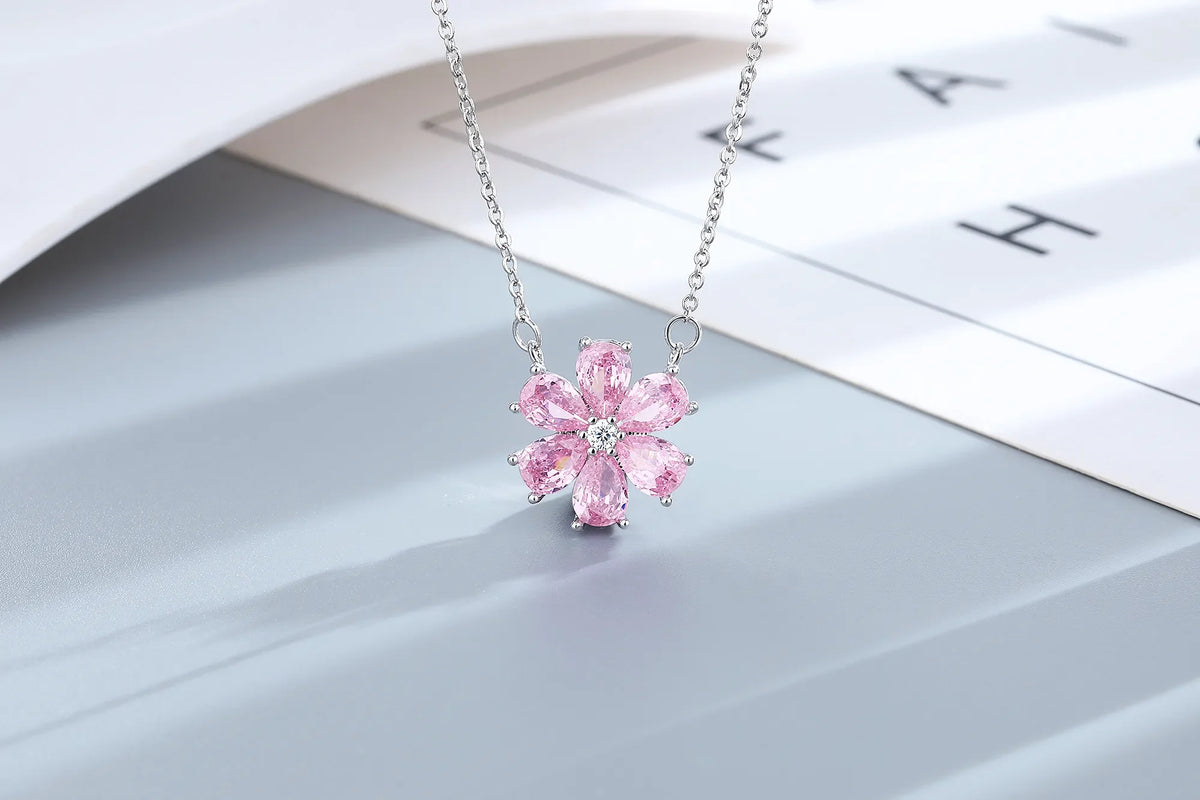 Fashion Wedding Ring for Women Pink Zircon Crystal Flower Pendant Bracelets Earrings Necklace Rings Fine Jewelry Sets FCGJHW