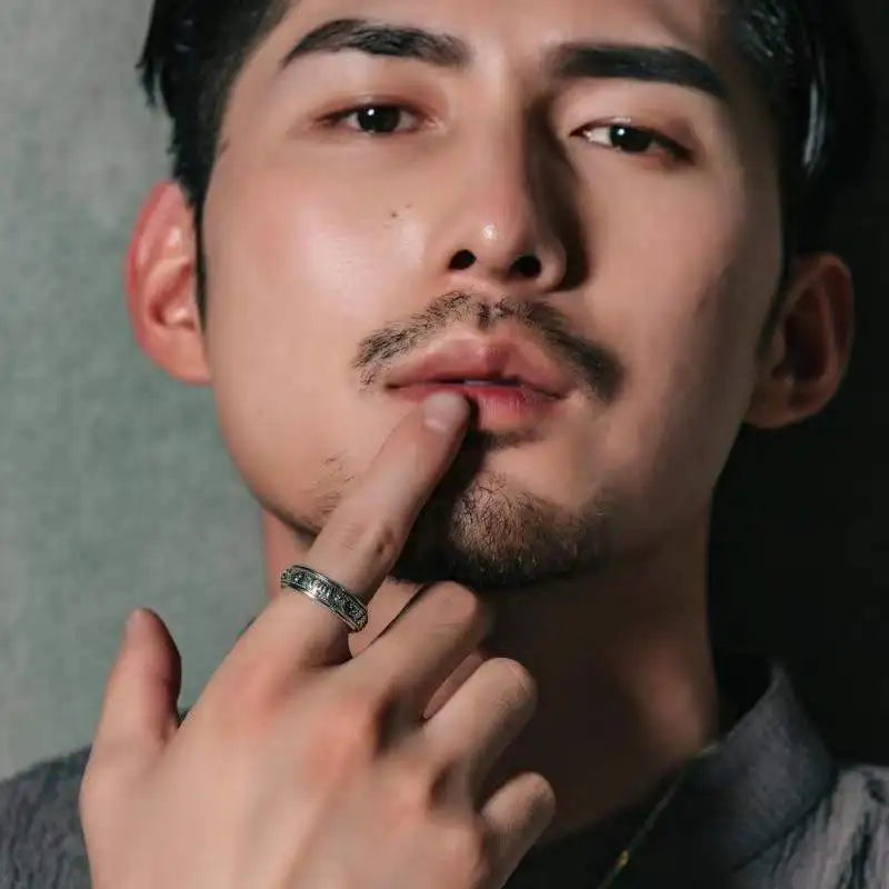 S925 Sterling Silver Ring Men Women Retro Buddhist Six-Character Great Mantra Ring Male Female Amulet Jewelry Exquisite Gift