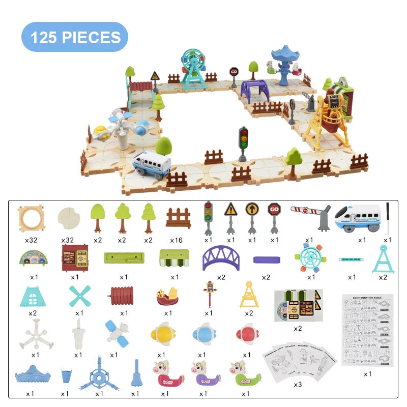 DIY Puzzle Track Car Set Assembling Scene Rail Train Learning Logic Road Board Games Educational Toy Kid Boy Birthday Gifts