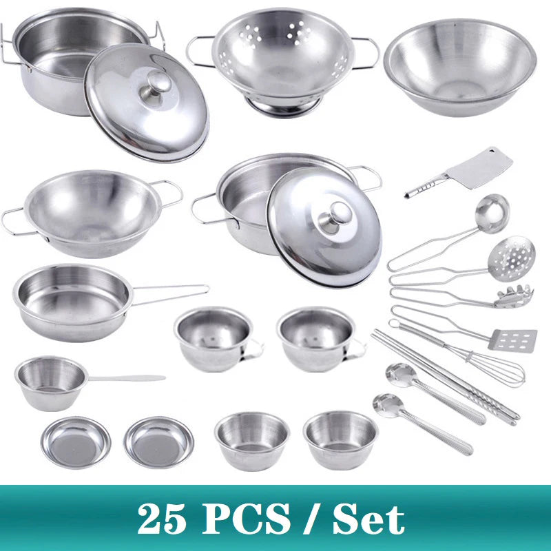 25Pcs Children Stainless Steel Pretend Play Food Kitchen Cookware Set Toy Mini Cooking Game Pot  Shovel Tinplate Kid Kitchen Toy