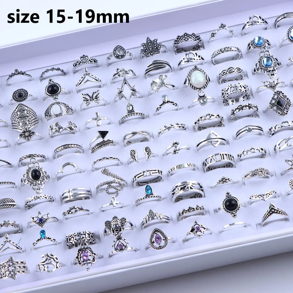 10/20/30/50/100Pcs/Lot Retro Punk Bohemian Rhinestone Carve Rings For Women Mix Style Jewelry Party Gifts Accessories Wholesale