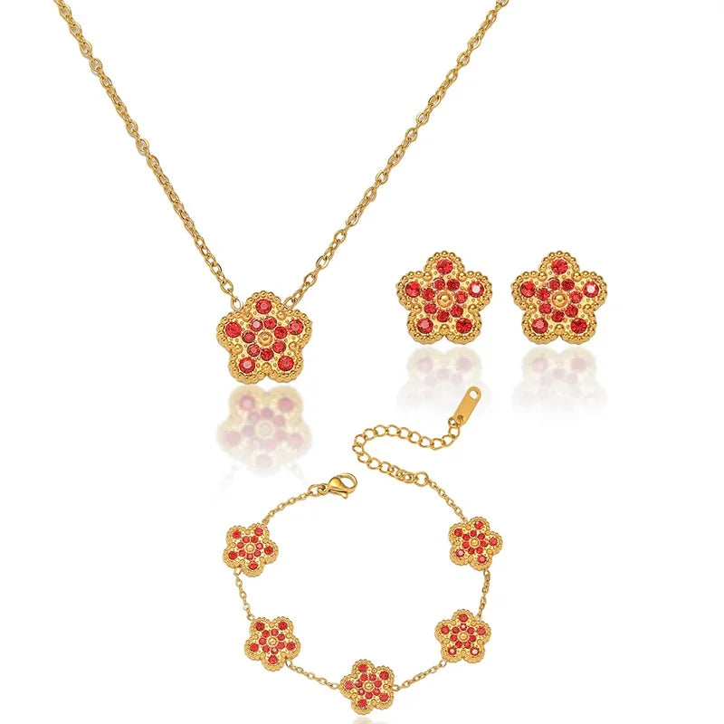 EILIECK New Fashion Stainless Steel White Zircon Clover Necklace Bracelet Earrings Set For Women Trendy Flower Jewelry Set Gift