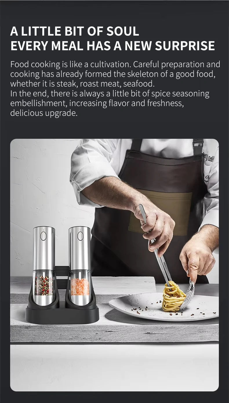 USB Rechargeable Automatic Pepper Grinder Salt And Pepper Mill Adjustable Coarseness Spice Grinder with LED Light for Kitchen
