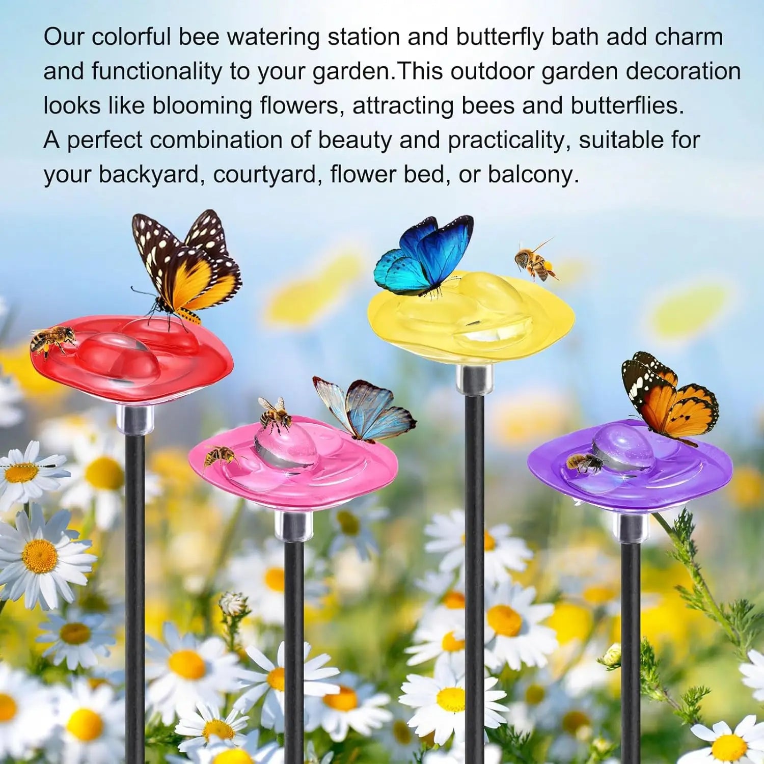 2Pcs Vibrant Floral Bee Water Station with Beads Outdoor Garden Insect Butterfly Drinking Cup Hummingbird Feeder Yard Art Decor