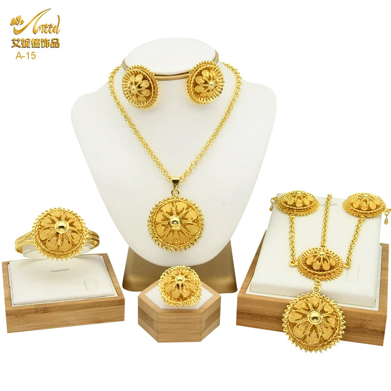 ANIID Ethiopian Gold Color 6pcs Jewelry Sets For Women Dubai Flower Shape Nigerian Luxury Necklace Jewellery Set Wedding Gifts