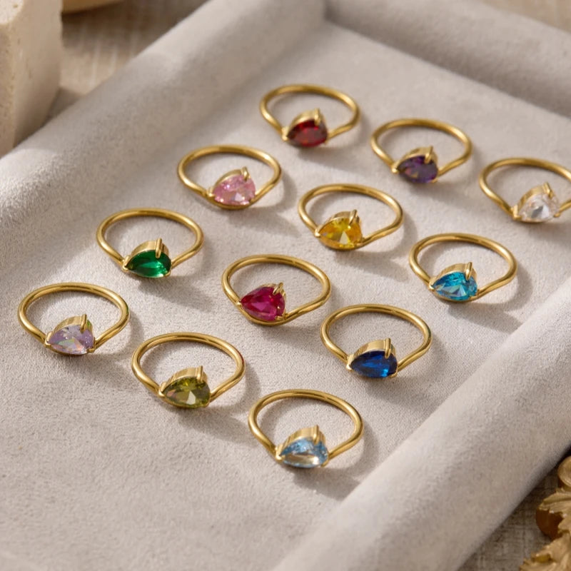 St-Delan Women's High-End Birthstone Ring 12 Colors Teardrop Zircon Ring Perfect Birthday Gift Jewelry Bulk Wholesale