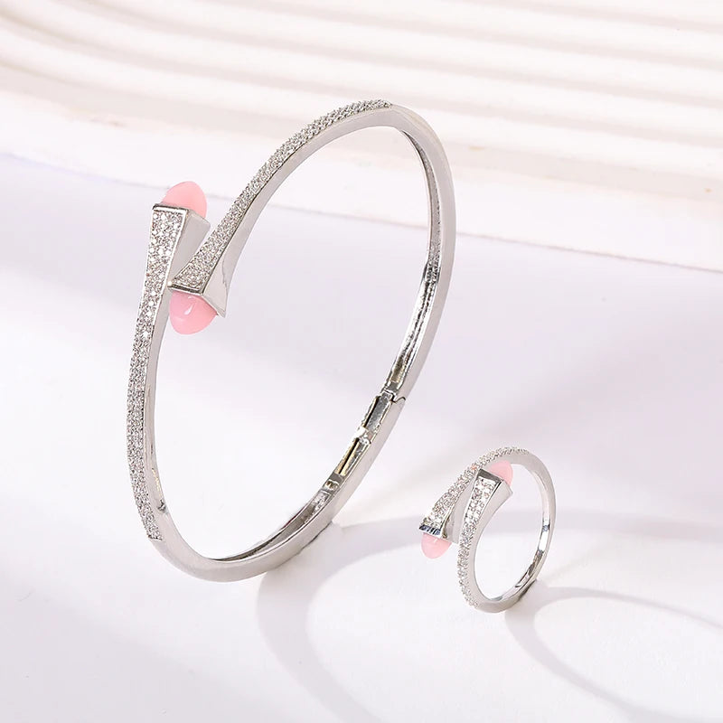 2025 New Cute Women Fashion Bracelet & Ring Set Candy color stone Simple Open Cuff Bangle Ring Arab Middle Eastern Jewelry Set