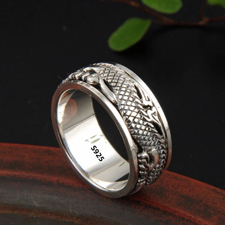 12mm Width Real S925 Sterling Silver Lucky Dragon Double Layer Rotatable Closed Dragon Ring For Man Woman Fiine Jewelry Gift