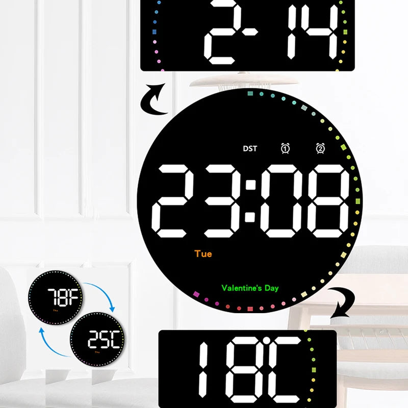 LED Wall Clock with Dual Alarms, Calendar and Temperature Display for Home Decoration. Brightness Adjustable