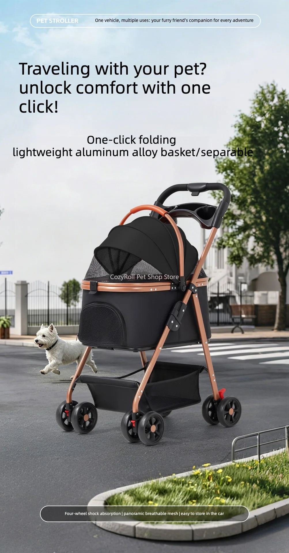 Lightweight Small Pet Stroller for Dogs & Cats 50 Lbs Capacity Aluminum Alloy Puppy Stroller with Detachable Storage Basket