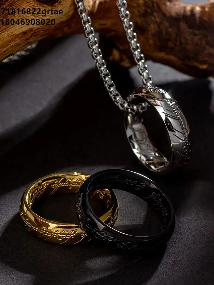 Lord of the one Rings thick chain advanced pearl chain movie with the same necklace ring hip-hop 3D carving inside and outside.