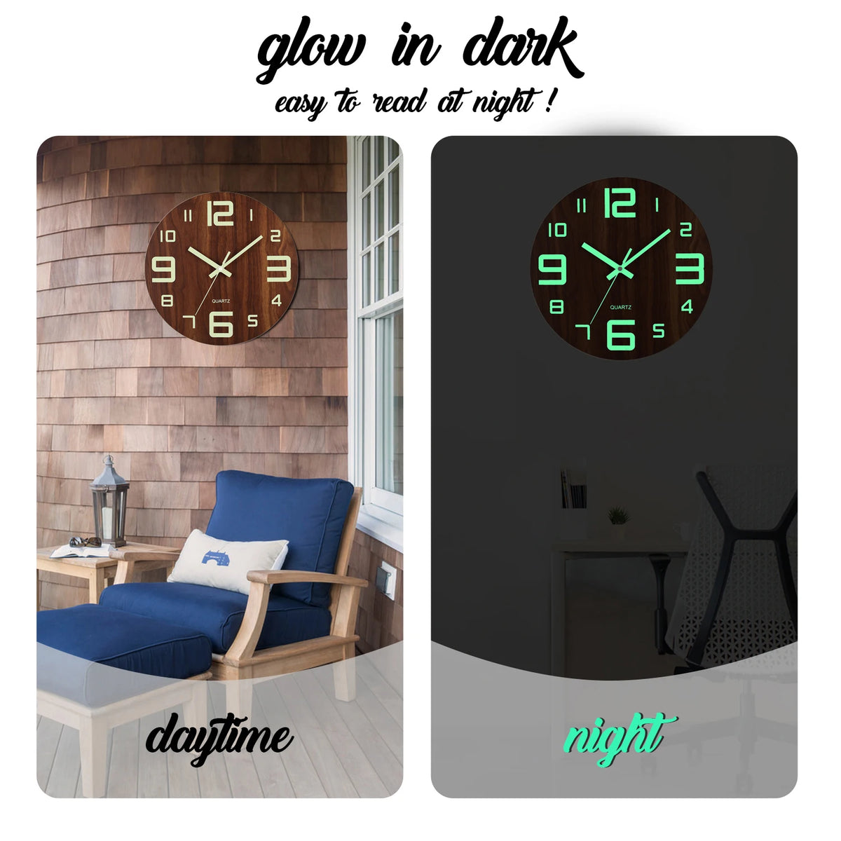 12 Inch Luminous Wall Clock Wood Silent Light in Dark Night Nordic Fashion Wall Clock Non Ticking Clock With Night Light