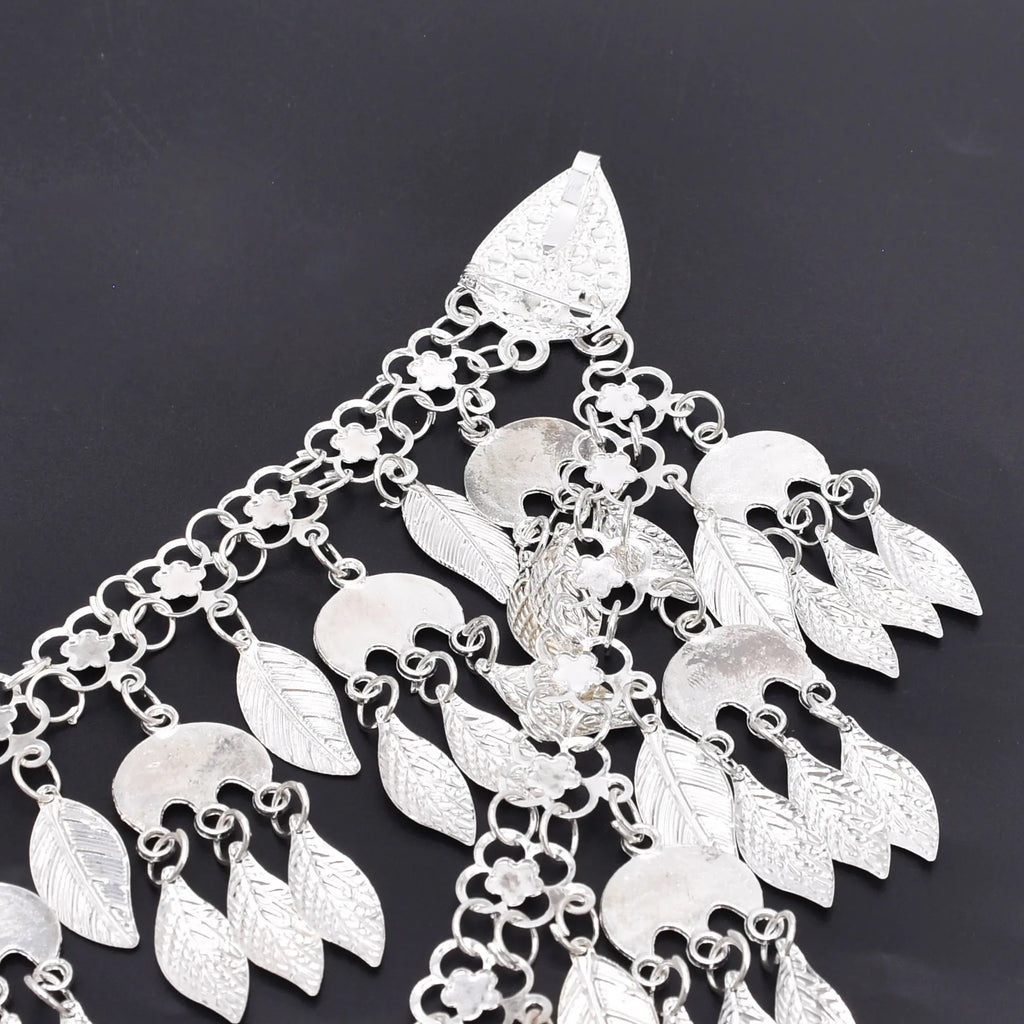 Silver Plated Assyrian Belt Hair Accessories Earrings for Women Kurdish Assyria Ethnic Colorful Flag Leaf Tassel Jewelry Sets