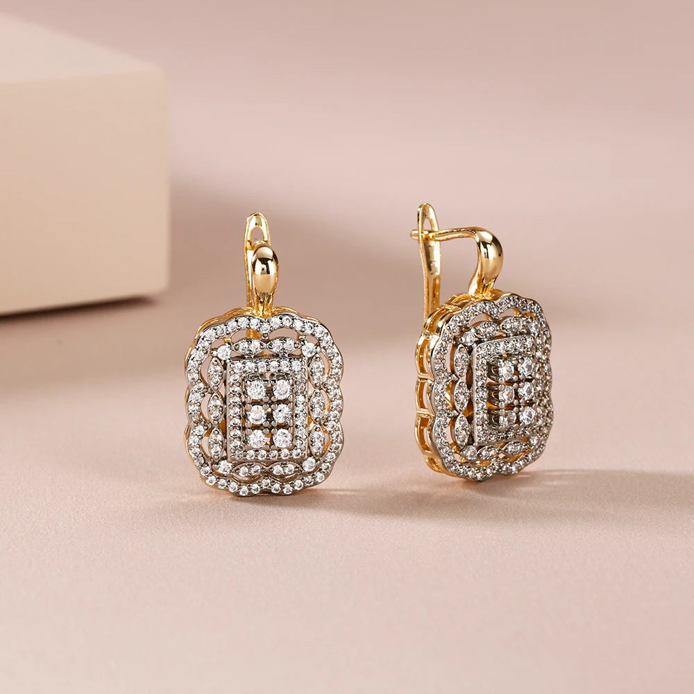 Square hollow inlaid zircon earrings ring set copper plated 14K gold luxury fashion jewelry banquet wedding Christmas gift